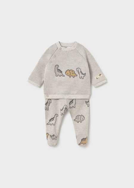Grey Dino Footie Set with dinosaur print featuring long-sleeve top and footie pants.