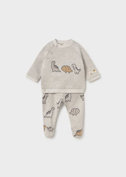 Grey Dino Footie Set with dinosaur print featuring long-sleeve top and footie pants.