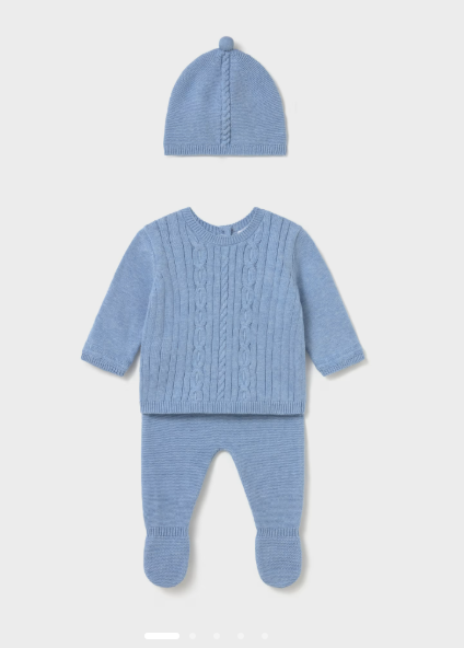 Light blue baby knit set including a sweater with cable pattern, footed pants, and a matching hat.