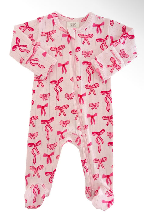 Organic Pointelle Zip Footie, Pink Bows