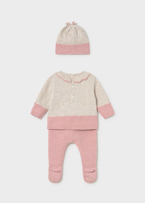 Two-Piece Pink and Beige Knit with Hat