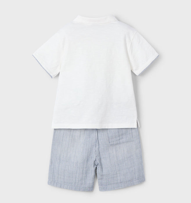 Blue Stripe Linen Shorts w/ White Polo