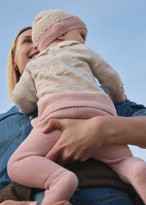 Two-Piece Pink and Beige Knit with Hat