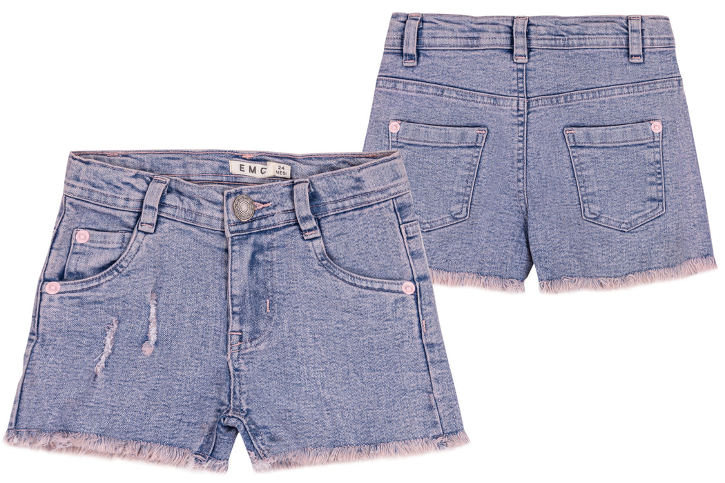Pink Stitch Fray-Hem Denim Shorts