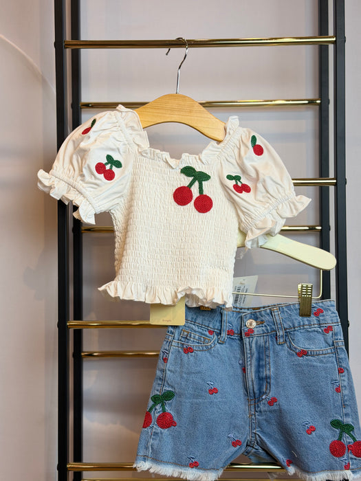 Baby Sara Toddler Cherry Smocked Top & Denim Short Set