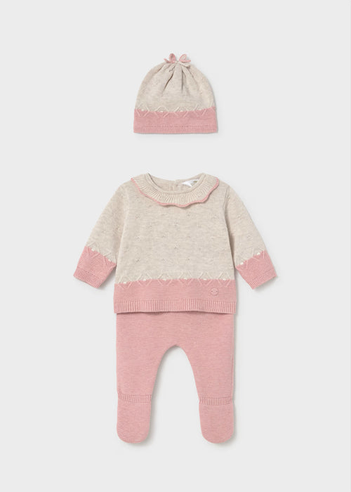 Two-Piece Pink and Beige Knit with Hat