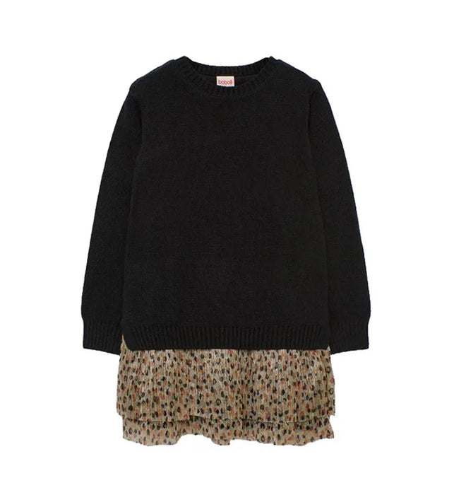 Black Knit Dress with Leopard Skirt Hem & Rhinestone Tights