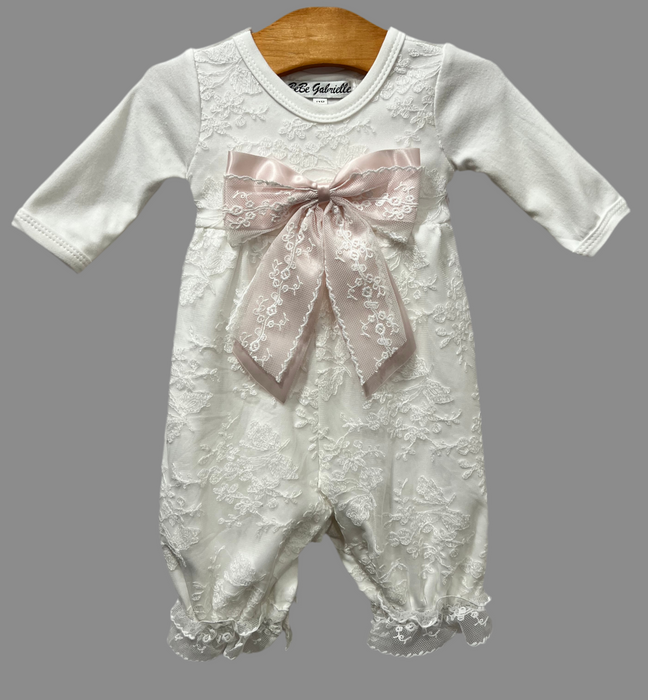 Pink Satin Bow Lacey Romper w/ Bonnet