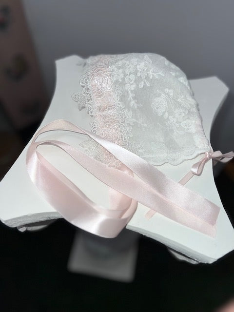 Pink Satin Bow Lacey Romper w/ Bonnet