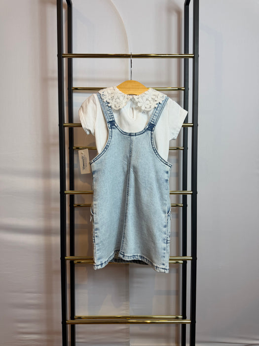 Light Blue Denim Overall Toddler Dress w/ White Lace Collar Tee
