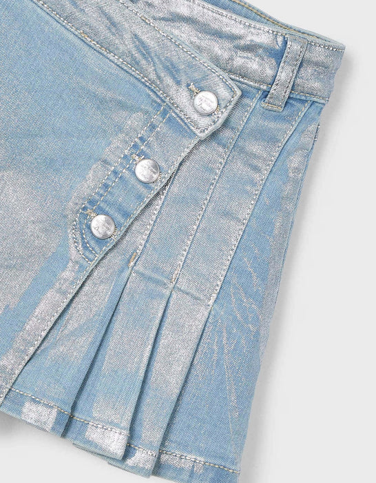 Metallic Wash Pleated Denim Skirt