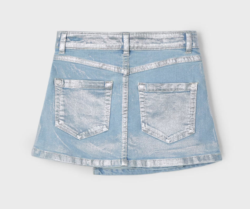 Metallic Wash Pleated Denim Skirt