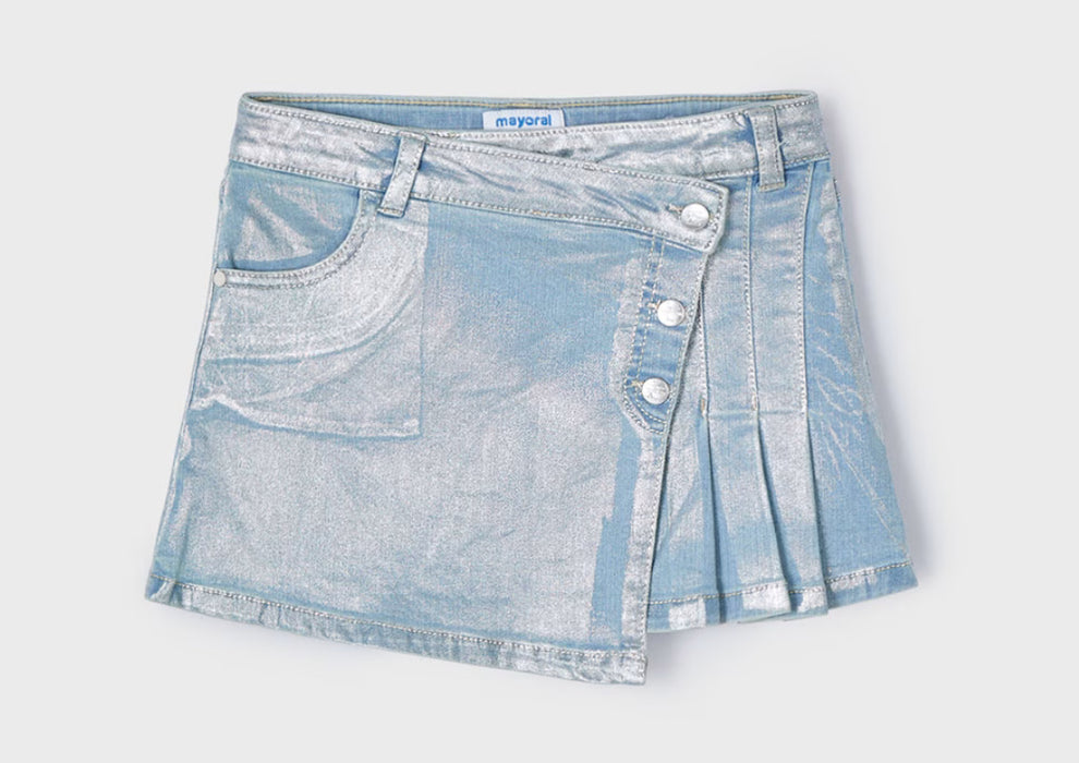 Metallic Wash Pleated Denim Skirt