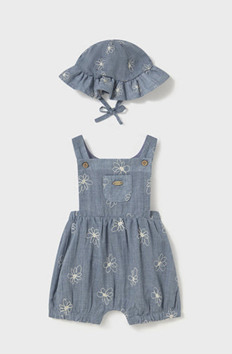 Embroidered Denim Bubble Overall Set with Matching Hat