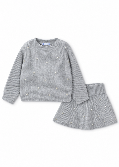 Grey Knit Pearl Sweater and Skirt Set