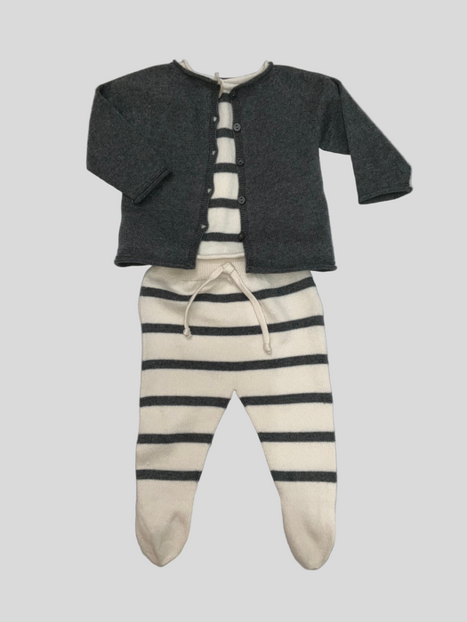 Grey and Cream Striped Charcoal Sweater Set w/ Beanie - 3 Mos