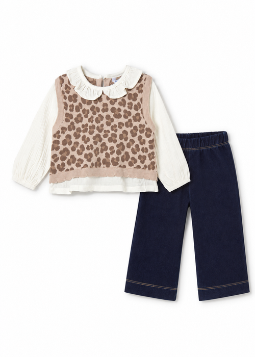 Leopard Faux Vest and Shirt Set with Wide Leg Pant, Infant