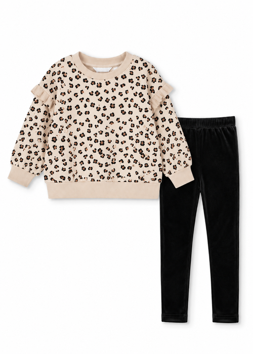 Leopard Print Ruffle Sweatshirt & Velour Pant Set