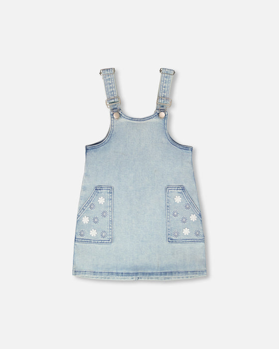 Light Blue Denim Overall Toddler Dress w/ White Lace Collar Tee