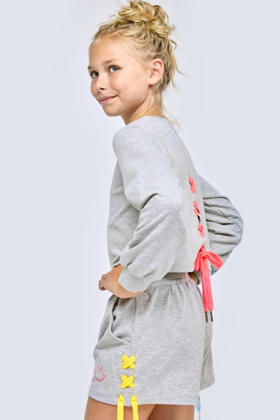 Lace-Up Smiley Sweatshirt & Shorts Set image 0