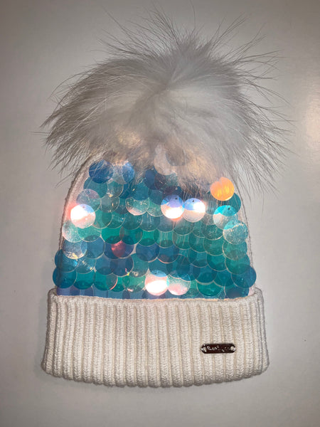 White Fur Pompom Hat w/ Sequins image 0