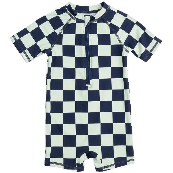Navy & Mint Check Swim Romper image 0