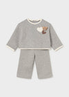 Heather grey baby sweatsuit with bear applique on pullover and matching trousers.