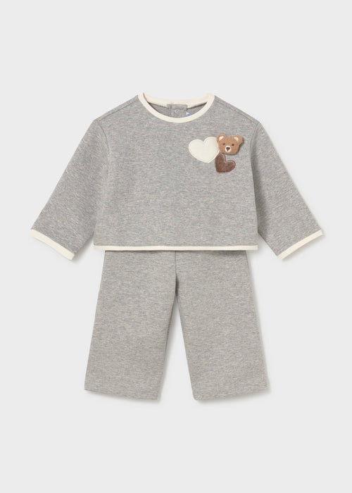 Heather grey baby sweatsuit with bear applique on pullover and matching trousers.