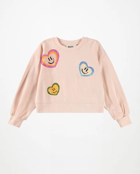 Molo Sequin Smiley Heart Sweatshirt, Pink