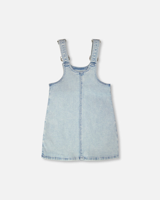 Light Blue Denim Overall Toddler Dress w/ White Lace Collar Tee