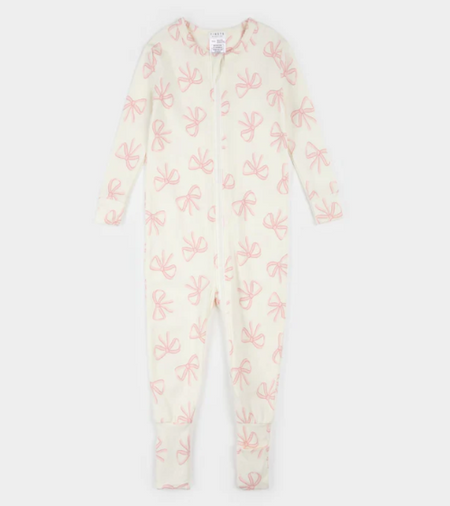 A multicolor footie pajama with pink bow prints and a two-way zipper.