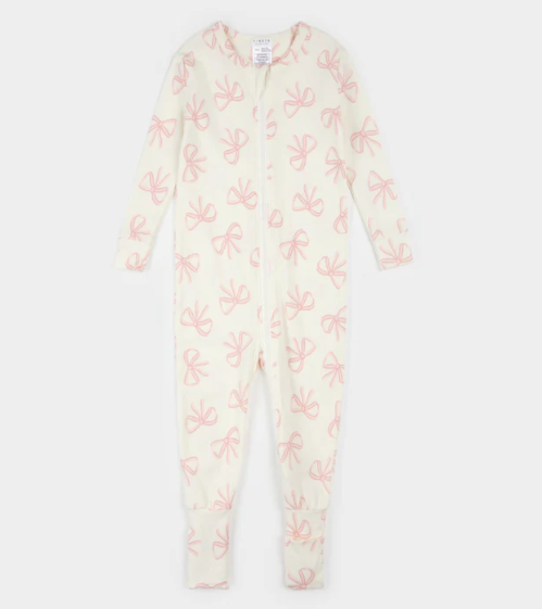 A multicolor footie pajama with pink bow prints and a two-way zipper.