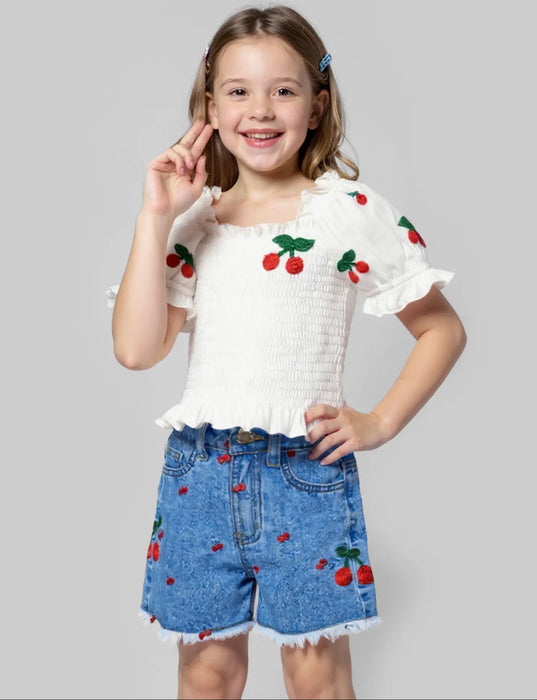Baby Sara Toddler Cherry Smocked Top & Denim Short Set