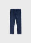 Navy velvet leggings with gold dots, full-length view.