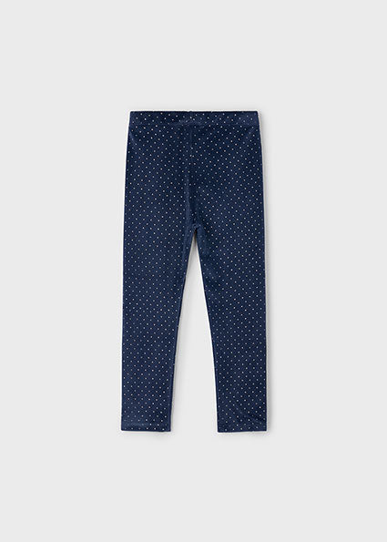 Navy velvet leggings with gold dots, full-length view.