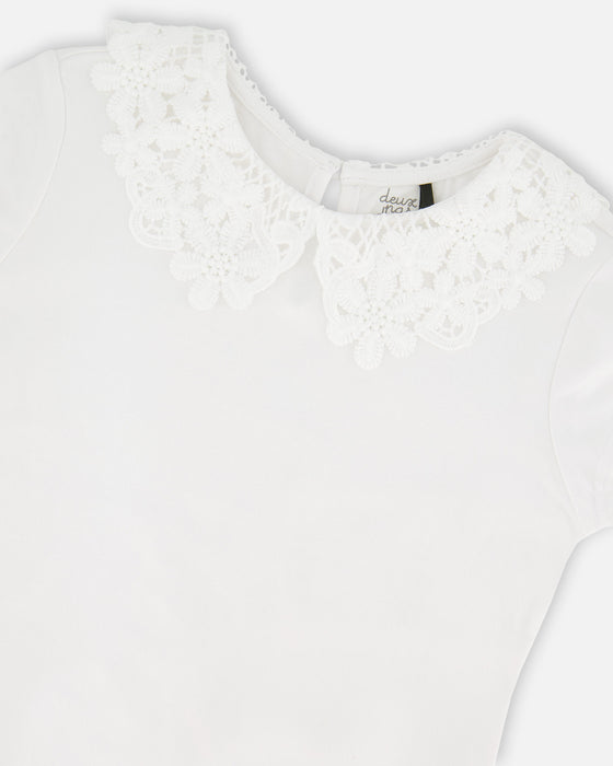 Light Blue Denim Overall Toddler Dress w/ White Lace Collar Tee
