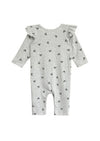 Gray romper with heart pattern, long sleeves, and ruffle detail on shoulders.
