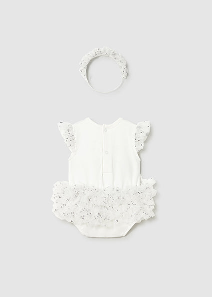 Mayoral Baby Teddy Motif Tulle Romper with Headband Cream