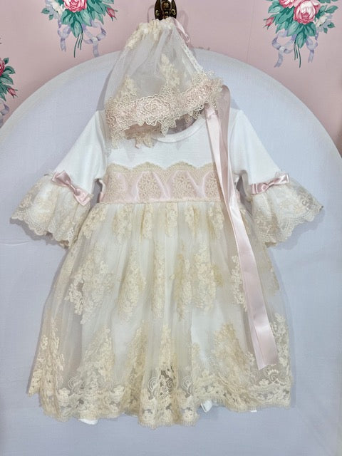 Cream Lace Overlay Romper w/ Bonnet
