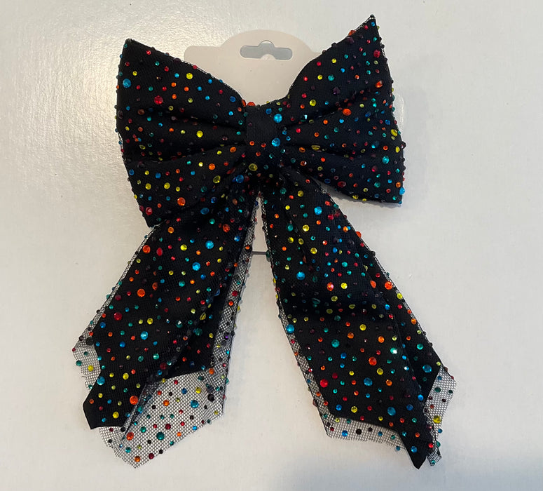 Large Jewel Bow Clips - Black w/ Rainbow Stones