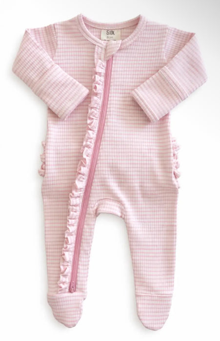 Light pink stripe ribbed footie with frill accents and front zipper, matching headband included.