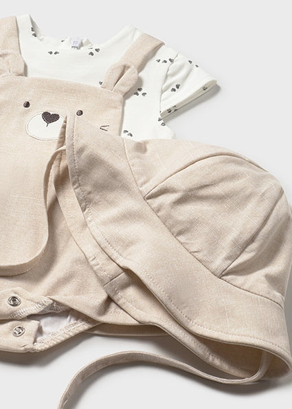 Mayoral Baby Bear Motif Faux Overall Romper Cream