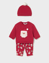 Red Santa 2-piece set for babies, featuring a long-sleeve top with Santa applique, printed pants, and a matching hat with a pom-pom.