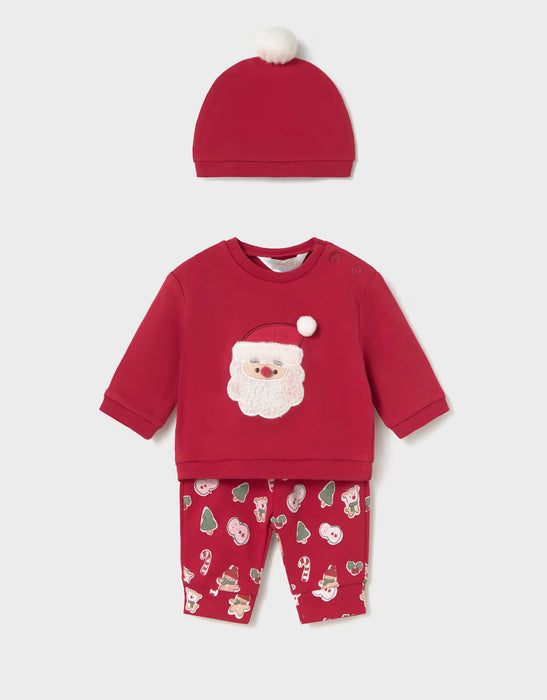 Red Santa 2-piece set for babies, featuring a long-sleeve top with Santa applique, printed pants, and a matching hat with a pom-pom.
