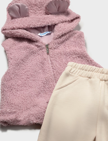 Toddler Beige Sweatsuit with Purple Fur Vest