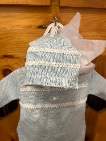 Light Blue Button Knit Romper with Hat image 1