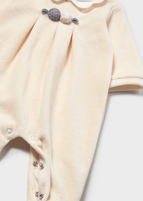 Mayoral Velour Footie, Beige with Crochet Detail